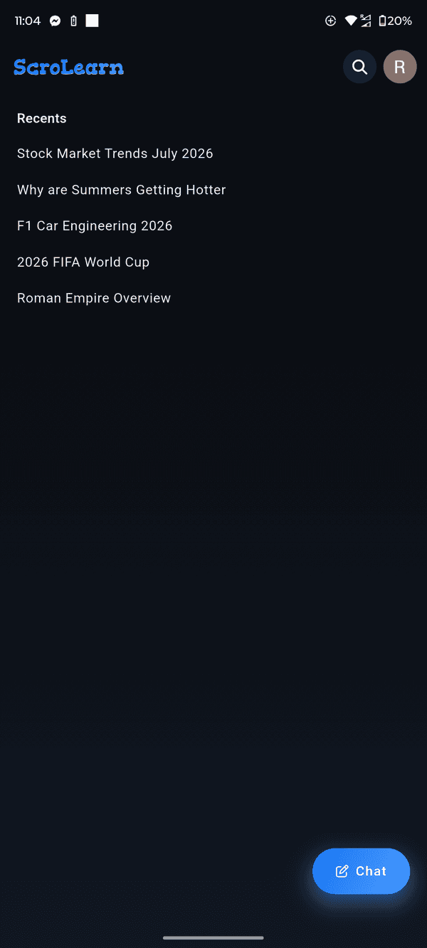ScroLearn Recents list of previously generated topics
