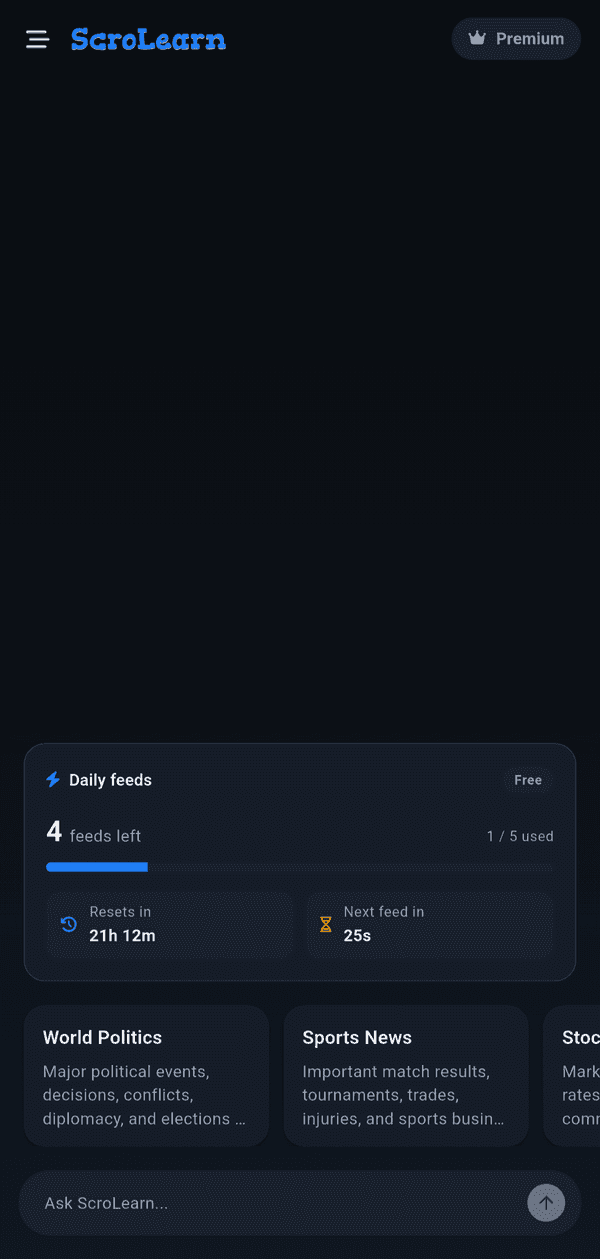 ScroLearn home with daily feed limits, reset timers and suggested topics