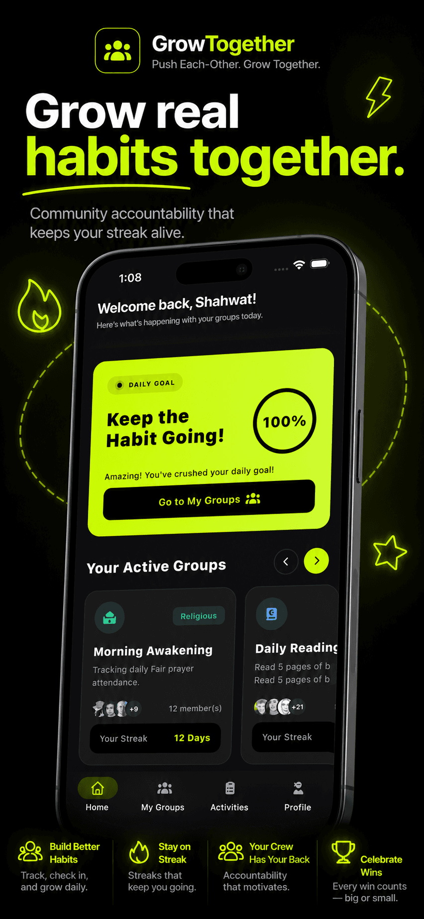 GrowTogether daily goal and streak screen