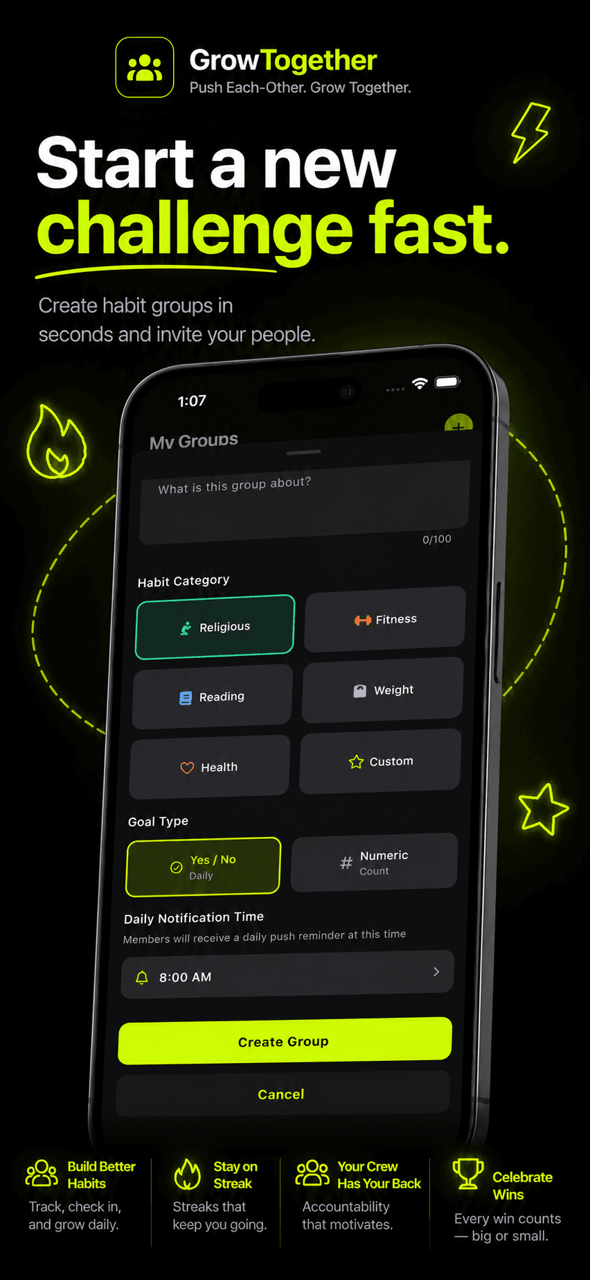 GrowTogether create-a-group screen