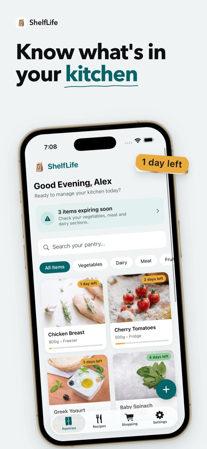 ShelfLife pantry with an items-expiring-soon alert, category filters and days-left badges