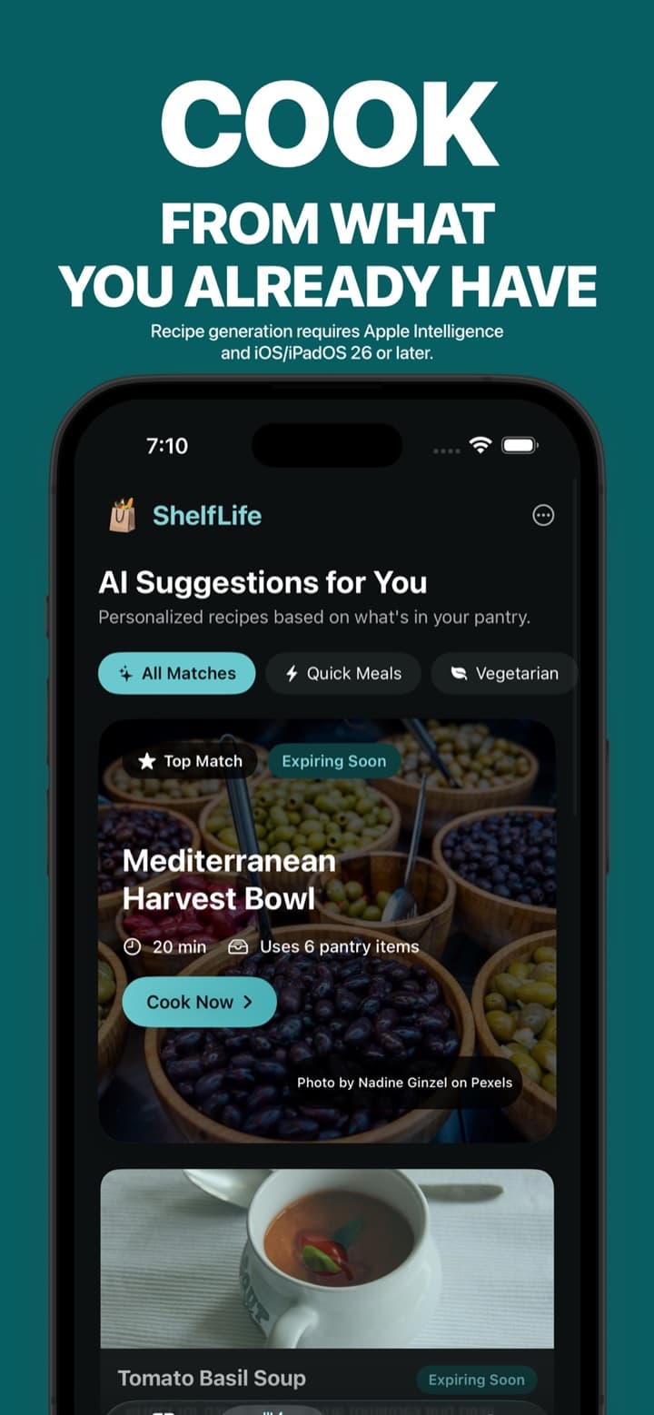 ShelfLife recipe suggestions ranked by pantry match, with the Apple Intelligence and iOS/iPadOS 26 requirement