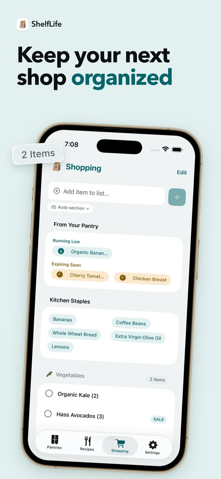 ShelfLife shopping list with running-low and expiring-soon suggestions from the pantry