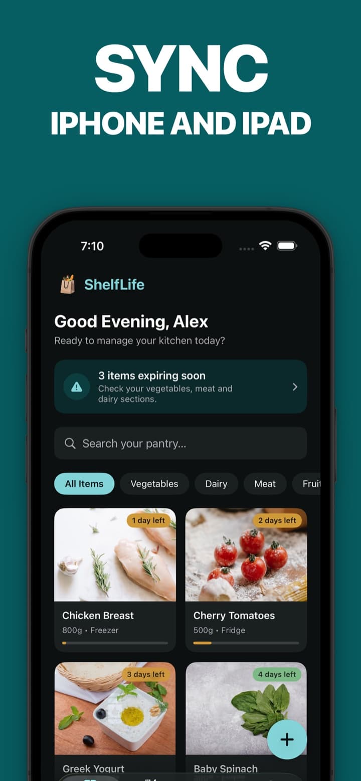 ShelfLife pantry in dark appearance under a Sync iPhone and iPad headline
