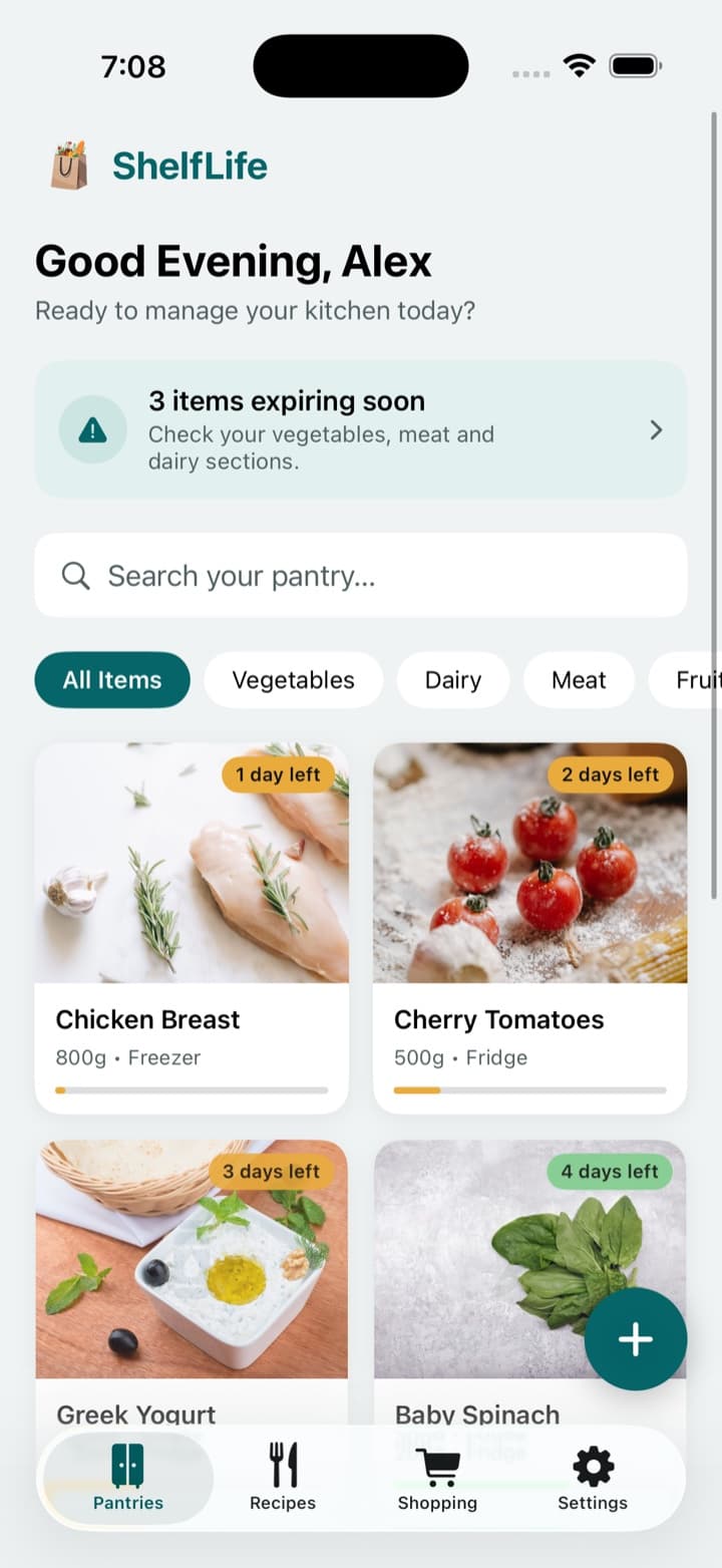 ShelfLife pantry with an items-expiring-soon alert, search, category filters and days-left badges